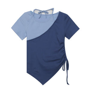 REHIN Womens top Hanging neck thin strapless collision colour stitching short sleeve T-shirt drawstring design niche elegant blouse
