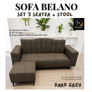 SOFA MEWAH! SOFA BELANO 3 TEMPAT DUDUK + STOOL (KELABU) | DARK GREY SOFA BELANO 3 SEATER + STOOL