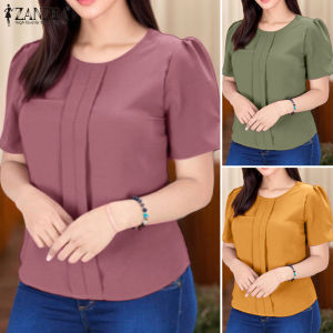 Esolo ZANZEA Korean Style Women Office Puff Sleeve Blouses Pleated Work Top #0519