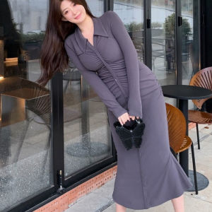 Long Sleeves Crinkled Bodycon Maxi Dress 1752 (S/M/L/XL)