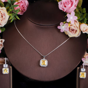 SEQUITO Brilliant Cut Baguette Topaz Charm Chain Necklace Earrings for Women CZ Fashion Jewelry Set Delicate Gift SJ175