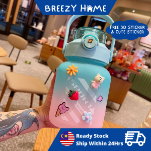 1200ml Water Bottle Free Sticker with Straw Cute Water Bottle Kid Water Bottle Sport Water Bottle Water Bottle with Scale Botol Air Botol Air Viral Tiktok