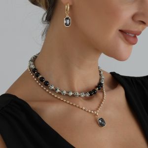 CHLOCH Hai lớp Dây chuyền zircon Chuỗi Có thể điều chỉnh Bông tai zircon đen Mắt hổ Dây chuyền đá hạt Quà tặng