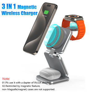 🇸🇬[Ready Stock] 2025New Foldable 3-IN-1 Magsafe Charger Portable Travel Magnetic Wireless Charger 15W Fast Charging Stand for iPhone 16 15 14 13 12 series Apple Watch 3 4 5 6 7 8 9 10 Ultra Airpods 2 3 4 Pro