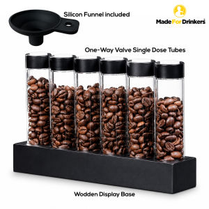 Coffee Bean Single Dose Tubes Dosing | One-Way Valve Storage Set with Wooden Stand & Funnel