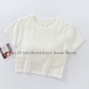 Queens Secret 2023 New Style 2-in-1 Bra-T One-Piece Round Neck Short-Sleeved Cup Bottoming Shirt with Chest Pads Summer Short Style Wireless Ladies Underwear T-Shirt.