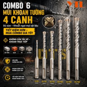Combo 6 mũi khoan bê tông chuôi SDS YTL – Đủ size 3-6-8-10-12-14mm không tắc kê khoan cốt thép gạch đá