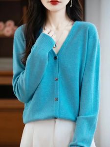 Merino Wool Autumn And Winter V-Neck Knitted Sweater WomenS Long Sleeved Cardigan Top Anti Pilling Versatile Sweat