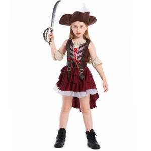 Halloween Kids Renaissance Vintage Pirate Costume Set Girls Medieval Pirate Lacing Up Shirt Skirt hat Cosplay Viking Costumes