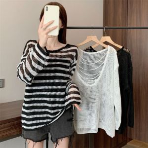 XINSU38 Round Neck Knitted Hollow Pullover Beachwear Loose Long Sleeve T Shirt Stylish Casual Stripe Crochet Top Women Women