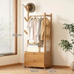 Elegant Bamboo Wardrobe Cabinet with Multi-Compartment Storage and Adjustable Hanging Rod
