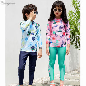 Swimming Outfit for Boys Rash Guards for Kids Boys Light Blue Pink with Leaves Pattern Children Two Pieces Swimwear Swimming Suit for Girls 2-10 Y