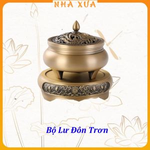 Bộ Lư Đế Trơn Xông Trầm Hương Đôn Khắc Liên Hoa Nắp Khắc Long Phụng Nhà Xưa
