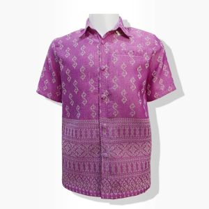 เสื้อซาฟารีชาย คอปกเชิ้ต ผ้ามัดหมี่ทอลาย ลายขอ ลายไทย อัดกาวทั้งตัว ผ้าฝ้าย ใส่ทีม ทำงาน งานบุญ งานแต่ง พี่พิมพ์ ผ้าไทย