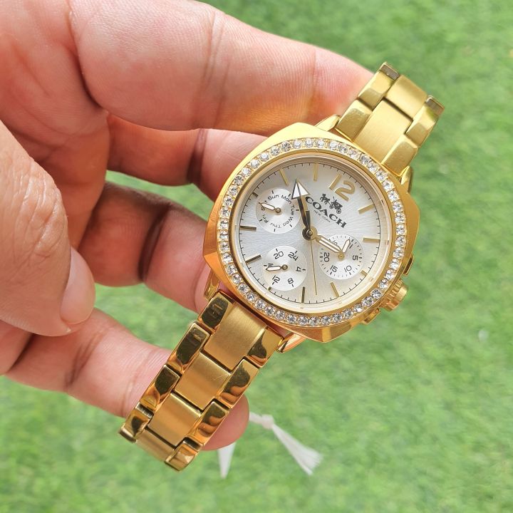 Coach Boyfriend Chronograph with Fixed Glitz Crystal Bezel White Dial Gold Tone Women s Stainless Steel Watch With 1 Year Warranty For Mechanism Lazada PH