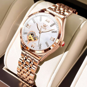 OLEVS 6636 Women Fashion Mechanical Watch Gift Round-dial Genuine Leather Watchband Wristwatch