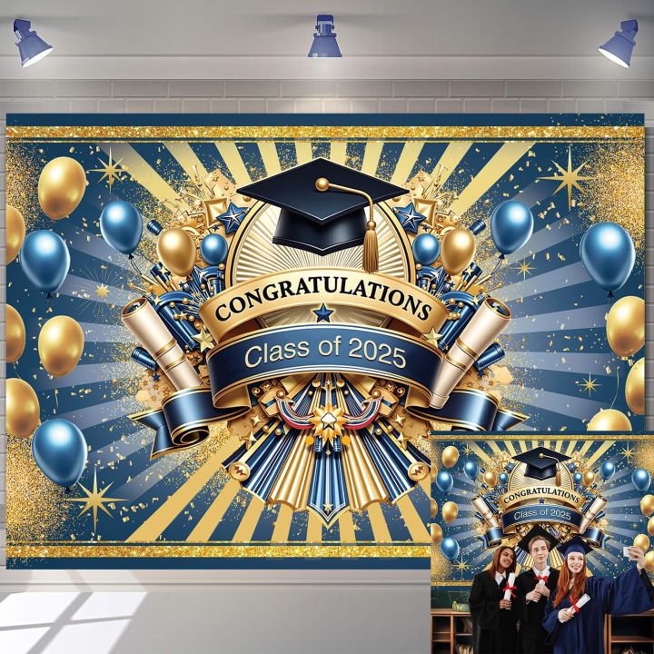 Congrats Grad Class of 2025 Photography Backdrop Blue Gold Balloons ...