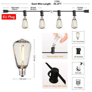 7.6/10/15M E12 ST38 LED Patio luaran taman plastik Edison String Lights dengan 10/15/25 mentol krismas hiasan cahaya krismas pokok hiasan String Lights 220V Backyard Patio Lights Hanging Indoor/Outdoor String Light