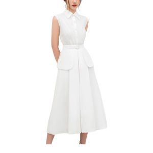 P018-039 PIMNADACLOSET - Sleeveless V Collar Button Down Right Twill Top High Waist Pleated Long Skirt Set