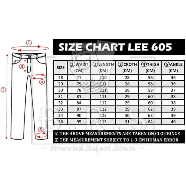 Lee jeans size hot sale chart