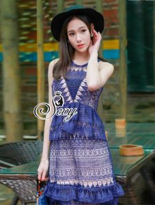 ชุดเดรส Sevy SP V-Neck Elegant Sleeveless Vintage Lace Dress