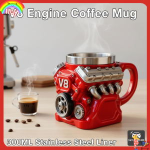 LLCY Retro Engine Coffee Mug with Handle Double Wall Insulation Car Mug Personalized Realistic Design V8 Engines Stainless Steel Cup Gifts for Men and Boys