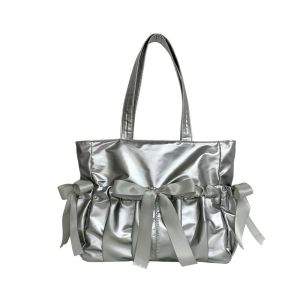 EchoBliss  กระเป๋าปวดกระเป๋าโท้ทความจุขนาดใหญ่สำหรับผู้หญิงกระเป๋าสะพายไหล่แบบพกพาสำหรับนักเรียน2มิติ JK ริบบิ้นสไตล์ญี่ปุ่นสำหรับผู้หญิง