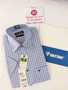 [Việt Tiến] Áo Sơ Mi Ngắn Tay - Regular (Suông) - Vạt Vuông - Kẻ ô xanh