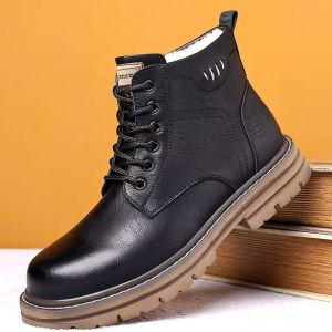 ZEEMIN Mens Winter New Leather High Top Snow Boots Thick Sole Non Slip Waterproof Plush Warm Lace Up Low Heel Work Boots Cotton Boots