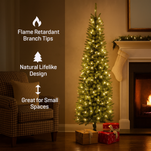 6.5 ft Slim Pre-Lit Christmas Tree Pencil Artificial Xmas Tree with Warm White Lights Green Narrow Tree for Small Spaces & Corners