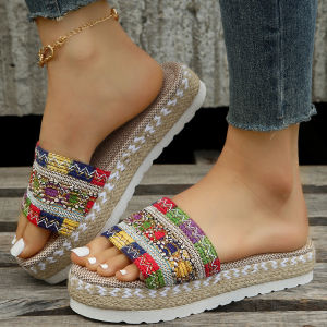 2026 New WomenS Wedge Sandals With Open Toe Woven Rope Thick Sole Comfortable Platform Slippers