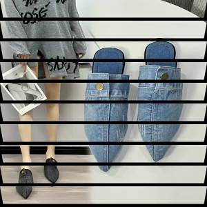 [Free Shipping] Womens denim sandals for summer large size new pointed-toe mule closed-toe half-slippers sandals