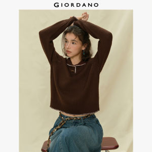 Giordano Women Knitted Pullover with Lapel Raglan Sleeves Contrast Color & Hand-Stitched Details Free Shipping 18355518