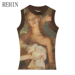 REHIN เสื้อกล้ามแขนกุดทรงเข้ารูปแฟชั่นฤดูร้อนใหม่ พิมพ์ลายย้อนยุค ทรงเฉพาะตัวสำหรับผู้หญิง บอดี้สูทหญิง