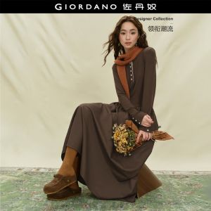 GIORDANO Women Dresses Contrast Placket Rib Knit Dresses Henley Neck Long Sleeve Fashionable Casual Maxi Dresses 18465704