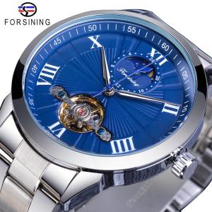 new Forsining mens stainless steel tourbillon design black moon phase dial mens automatic mechanical watch top brand luxury. Mens gift