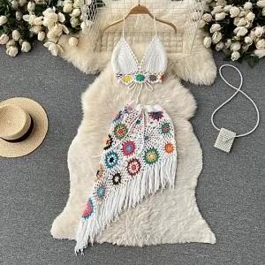 2025 Summer Bohemian Style Hand Crochet Hollow v-Neck Tube Top+Irregular Fringed Skirt Beach Style Two-Piece Female