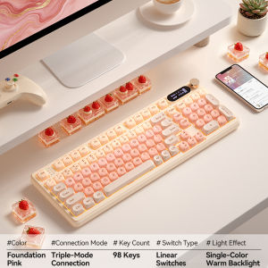 BOW G98S 98‑Key Tri‑Mode Mechanical Keyboard Hot‑Swap PBT Keycap Smart Gaming Office Keyboard Foundation Pink