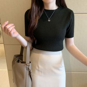Knitted Blouse Plus Size Womens Korean Style Round Neck Short Sleeve Shirt