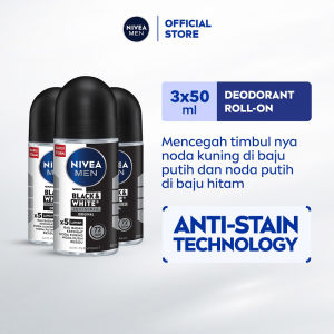 NIVEA MEN Deodorant Roll On Black & White Invisible Original 50ml x3- Deodoran pria melawan bakteri keringat bau badan teknologi anti noda kuning putih dan residu wangi segar 72 jam - Antiperspiran tidak mengandung ethyl alkohol