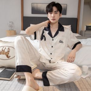 High Quality L-5XL Plus Size Pajama for Men Silk Short Sleeve Pajama terno Men Sumemer Baju Tidur Lelaki 男士冰丝睡衣㏇X0420