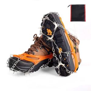 GOOTRADES One Size Fits All Crampons Cleats Chain Boots Black/Orange Stainless Steel Snow Spikes Shoes Anti Slip Mountaineering Shoe Cover 10 Teeth Steel Ice Gripper Outdoor