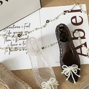 [Free Shipping] Retro Ballet Flats Sweet-Style Pearl Bowknot Pointed-Toe Crystal Shoes WomenS Transparent Perforated Shoes Woven Jelly Shoes For Women