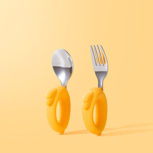 Food Grade 316 Stainless Steel Baby Spoon Fork Set Curved Silicone Handle Toddler Self Feeding Training Utensils With Storage Box