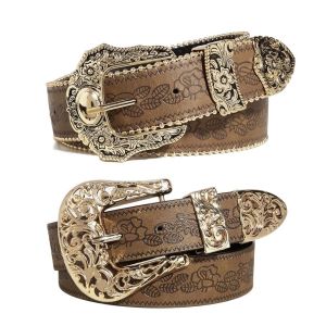FLYING PU Leather Western Cowboy Belt Metal Engraved Buckle Vintage Buckle Belt Fashion Casual Wide Waist Belt for Men Women