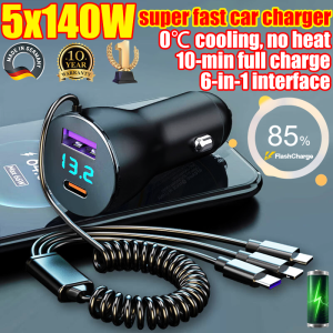 AI pintar pengecas kereta Durable for 50y】USB car charger fast charging type c 4in1 140W car Fast charger IOS Android Lighter Adapter pengecas kereta Retractable car charger adapter car usb socket port car phone charger Car charger type c 车载充电器 super fast