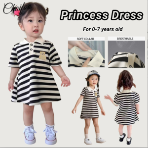 ChoiFoo ชุดเด็กผู้หญิงเกาหลีสีดำและสีขาวเดรสคอปกลายการ์ตูนน่ารักปักเจ้าหญิงชุดเย็นและขาสั้นแบบระบายอากาศใหม่เสื้อผ้าเด็กอายุ1-7ปี
