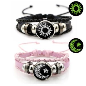 OEUVR Three-layer Couple Bracelet Sun Moon Luminous Bead Woven Bracelet Punk Wrist Rope Knitted Hand Chain Gift
