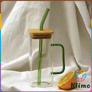 KLIMO Creative Square Borosilicate Glass Cup with Colored Handle and Bamboo lid & Glass Straw Juice/Coffee/Tea Cups 400ml
