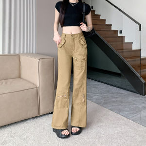Wanita Jeans Celana Cargo Celana Panjang Pinggang Tinggi Lurus Banyak Kantong Desain